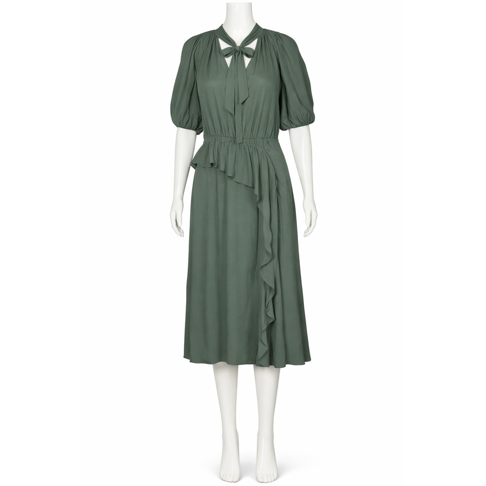 ULLA JOHNSON Green Ruffle Quarter Sleeve Draped Midi Dress Size S